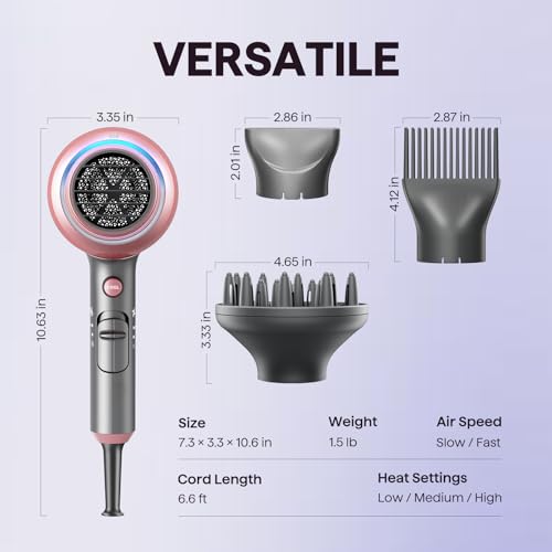 Hair dryer with attachments: concentrator (2.86 in), styling comb (2.87 in), and diffuser (4.65 in). Dimensions: 10.63 x 3.35 x 7.3 inches. Features: 1.5 lbs, 6.6 ft cord, air speed settings (Slow/Fast), and heat settings (Low/Medium/High).