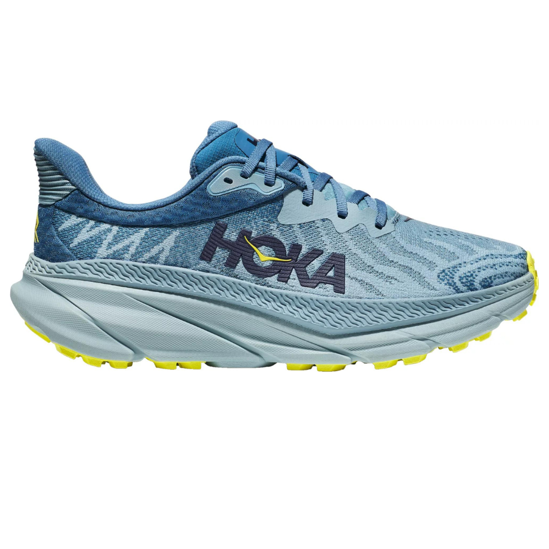 A blue Hoka running shoe with a gray sole and yellow accents.