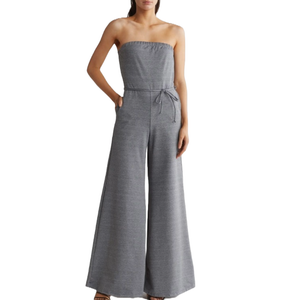 A strapless wide-leg jumpsuit in heather grey featuring an elasticized neckline, drawstring waist, and loose, flowing pant legs.
