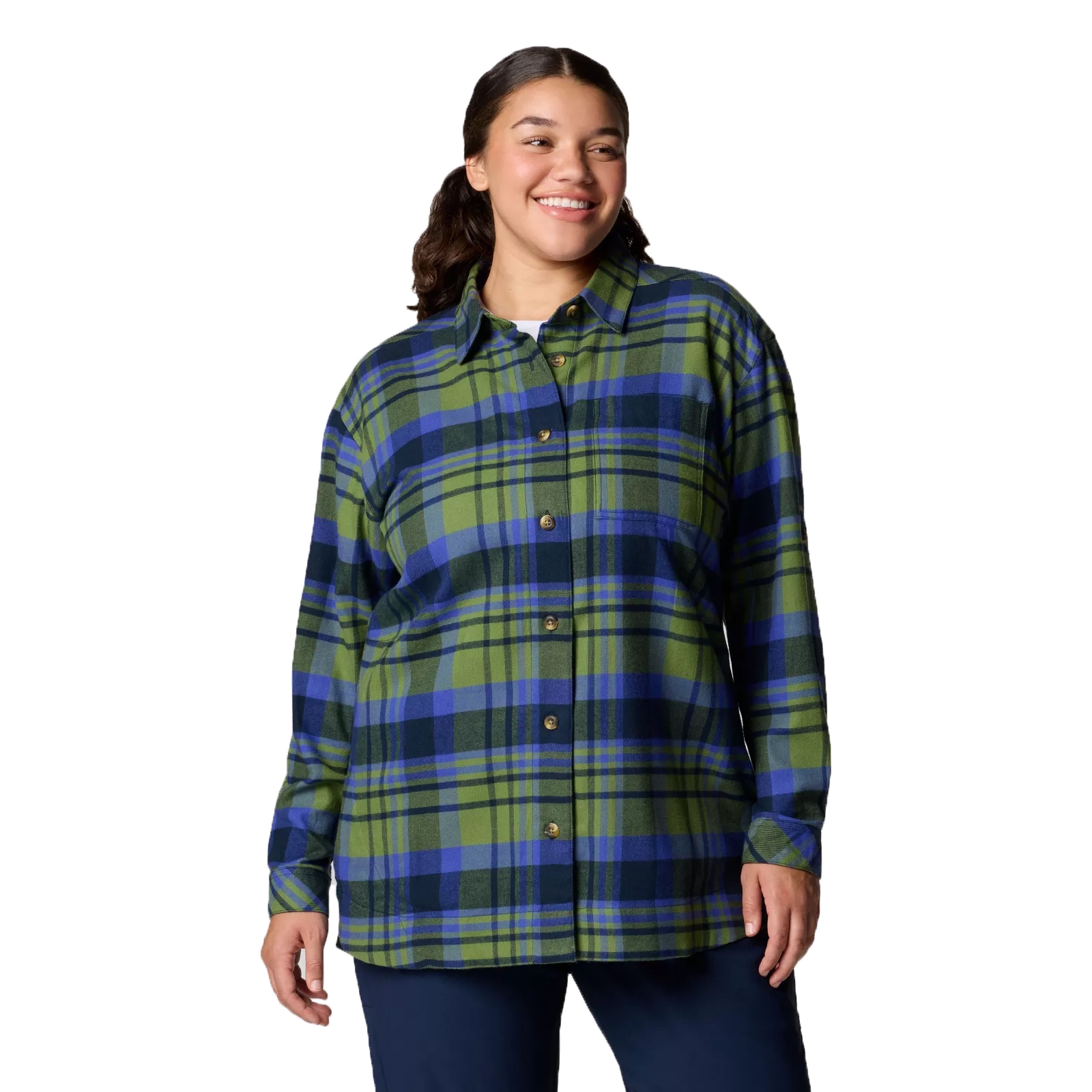 Columbia Holly Hideaway Shirt is a long-sleeve, plaid button-up shirt featuring a green and blue pattern, with a relaxed fit and buttoned cuffs.