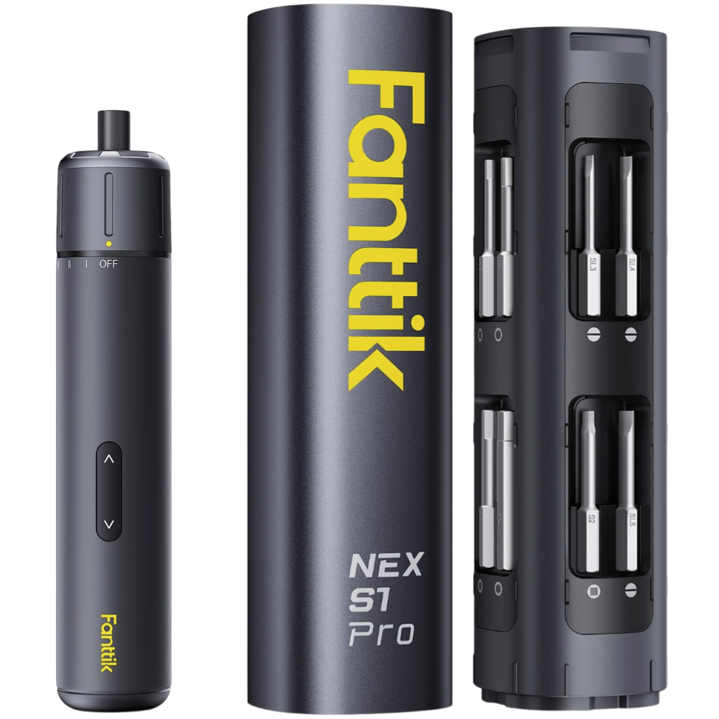 Fanttik NEX S1 Pro electric screwdriver with a storage case featuring multiple interchangeable bits.