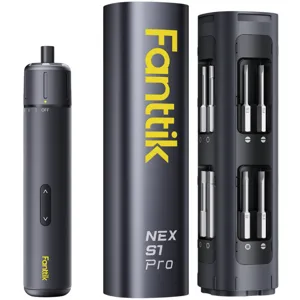 Fanttik NEX S1 Pro electric screwdriver with a storage case featuring multiple interchangeable bits.