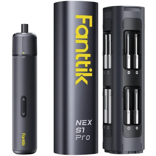 Fanttik NEX S1 Pro electric screwdriver with a storage case featuring multiple interchangeable bits.