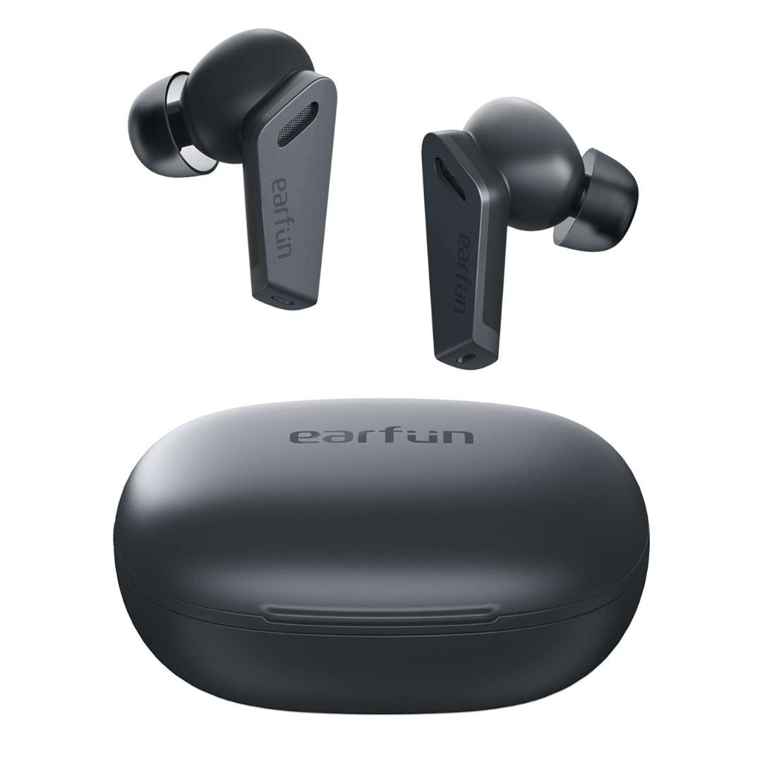 Wireless earbuds with a charging case, all in black color.