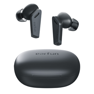 Wireless earbuds with a charging case, all in black color.