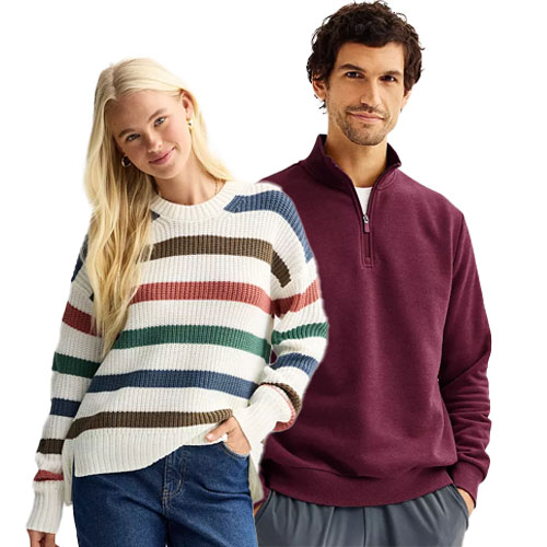 A woman is wearing a striped, multicolor sweater, and a man is wearing a maroon quarter-zip pullover.