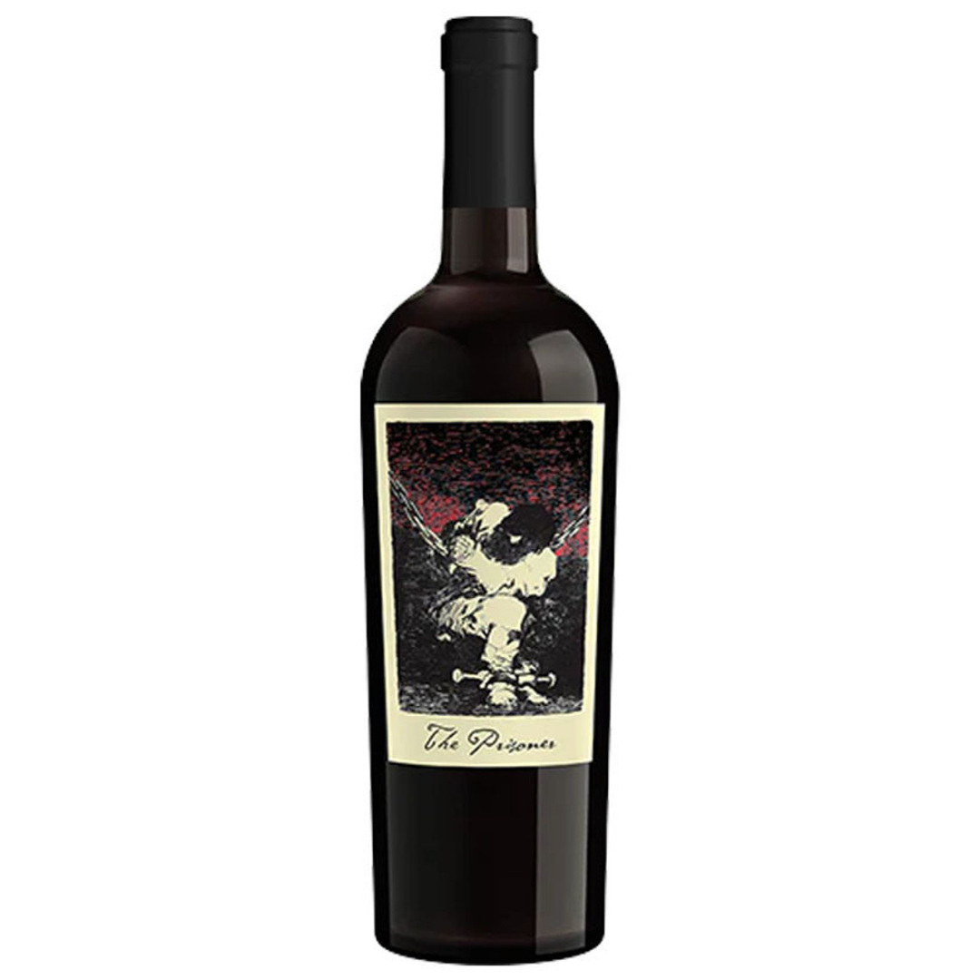 A bottle of \“The Prisoner\“ wine, featuring a distinctive label with art depicting a bound figure in a dynamic, sketch-like style.