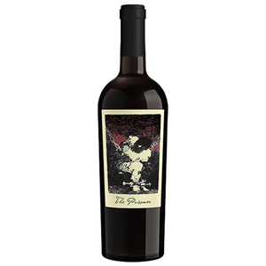 A bottle of \“The Prisoner\“ wine, featuring a distinctive label with art depicting a bound figure in a dynamic, sketch-like style.