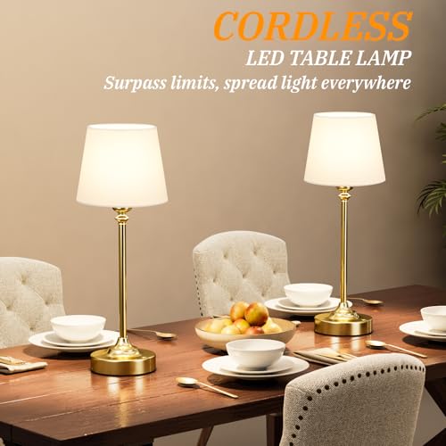 Cordless LED table lamps are displayed on a dining table set with plates, bowls, and cutlery, emphasizing their portability and ease of use without cords.