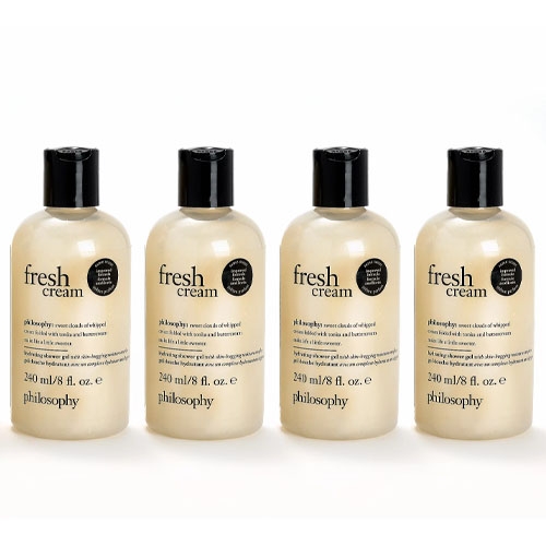 Philosophy Fresh Cream body lotion, 240 ml/8 fl. oz. bottles, shown in a set of four.