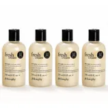 Philosophy Fresh Cream body lotion, 240 ml/8 fl. oz. bottles, shown in a set of four.