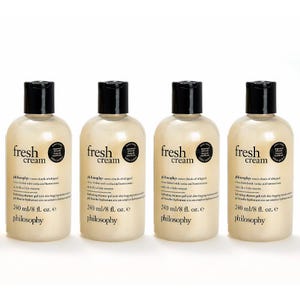 Philosophy Fresh Cream body lotion, 240 ml/8 fl. oz. bottles, shown in a set of four.