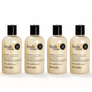 Philosophy Fresh Cream body lotion, 240 ml/8 fl. oz. bottles, shown in a set of four.
