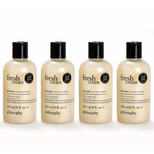 Philosophy Fresh Cream body lotion, 240 ml/8 fl. oz. bottles, shown in a set of four.