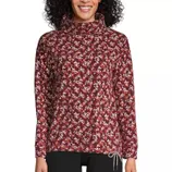 A floral-patterned, long-sleeve top with a cowl neck and drawstring detail at the hem, featuring a burgundy color scheme with small white flowers.