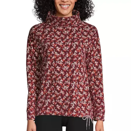 A floral-patterned, long-sleeve top with a cowl neck and drawstring detail at the hem, featuring a burgundy color scheme with small white flowers.