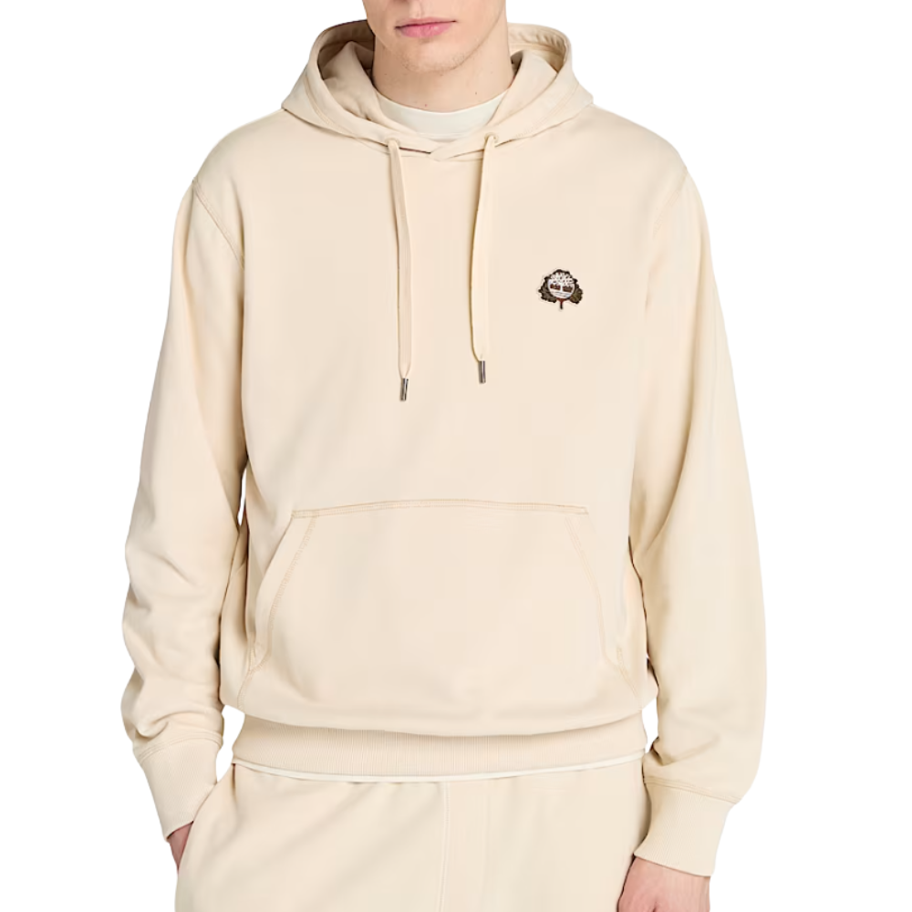 A cream-colored hoodie with a small embroidered logo on the chest, featuring a kangaroo pocket and adjustable drawstrings.