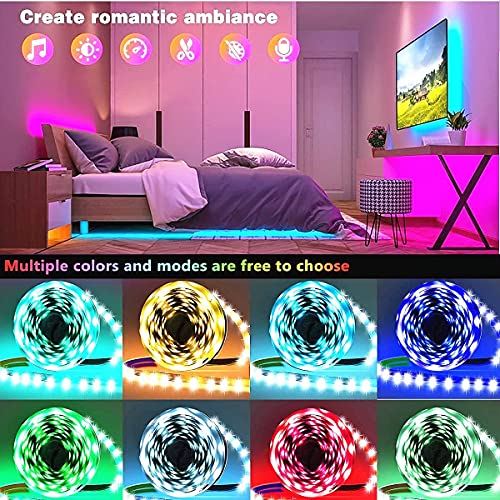 LED strip lights with multiple color options and patterns, designed for creating various moods and ambiences in indoor environments.