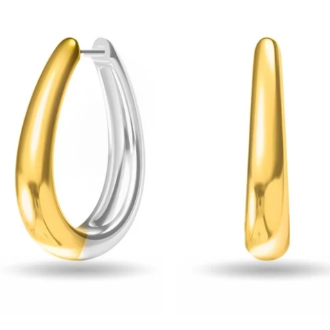 A pair of two-tone drop hoop earrings featuring a combination of gold and silver tones, with a sleek, curved design.