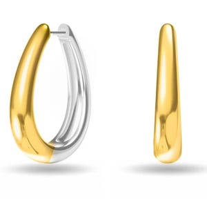A pair of two-tone drop hoop earrings featuring a combination of gold and silver tones, with a sleek, curved design.