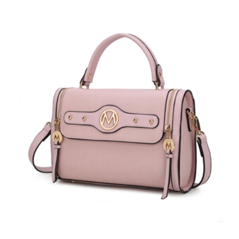 A light pink handbag with a top handle and detachable shoulder strap features gold embellishments and a circular logo on the front.