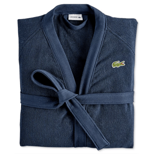 A folded navy blue Lacoste bathrobe with a belt and signature crocodile logo on the chest.