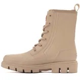 A beige lace-up rain boot with a rugged sole and a heel pull tab for easy wearing.