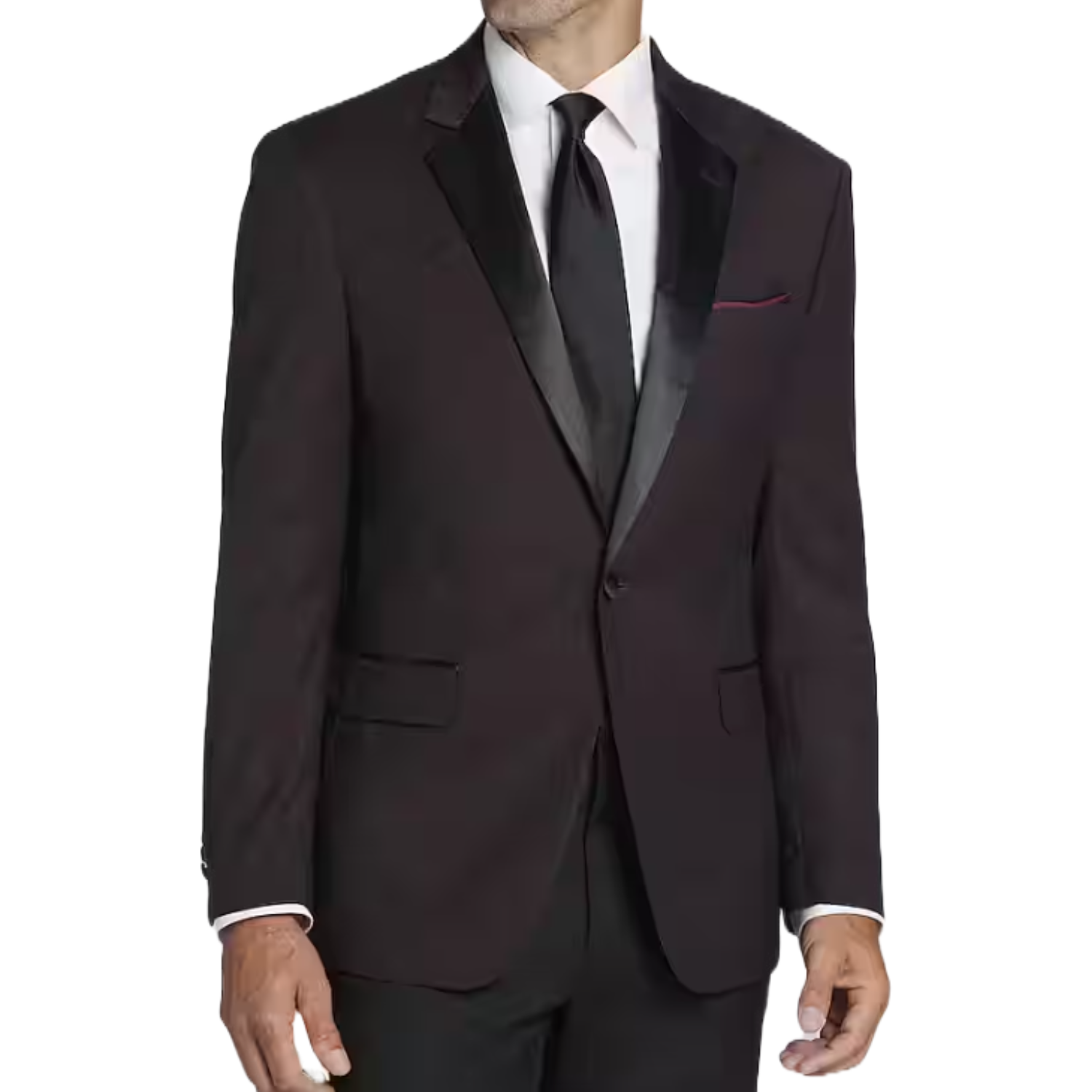 A black Jos. A. Bank dinner jacket featuring satin lapels, a single-button closure, and flap pockets, paired with a white dress shirt and a black tie, creating a classic formal look.