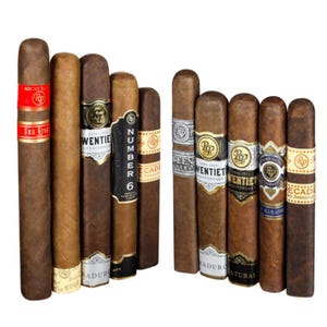 A selection of cigars from Rocky Patel, featuring various labels such as Sun Grown, Twentieth Anniversary, Number 6, Decade, and Vintage 1999.