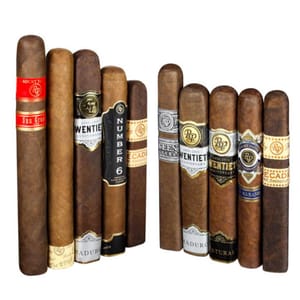A selection of cigars from Rocky Patel, featuring various labels such as Sun Grown, Twentieth Anniversary, Number 6, Decade, and Vintage 1999.