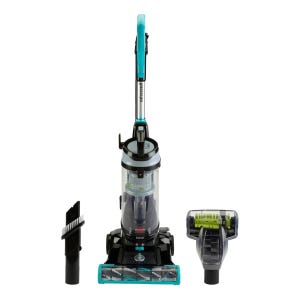 Bissell CleanView Vacuum, upright design with a teal and black color scheme, features a swivel head, and comes with attachments including a combination brush/crevice tool and TurboBrush Tool for pet hair.