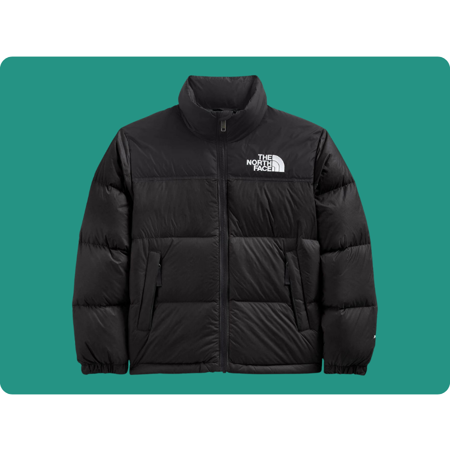 Black puffer jacket with a front zipper, high collar, and The North Face logo on the chest.