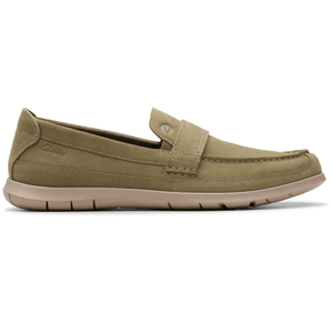 A beige slip-on loafer with a cushioned sole and stitched detailing, featuring a low profile and Clarks branding on the side.