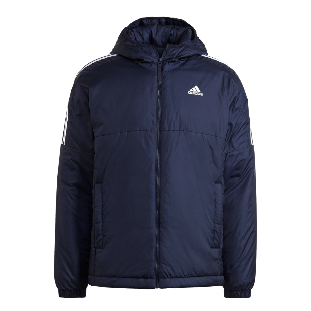 Navy blue hooded Adidas jacket with a front zipper, elastic cuffs, and iconic white three-stripe design on the shoulders.