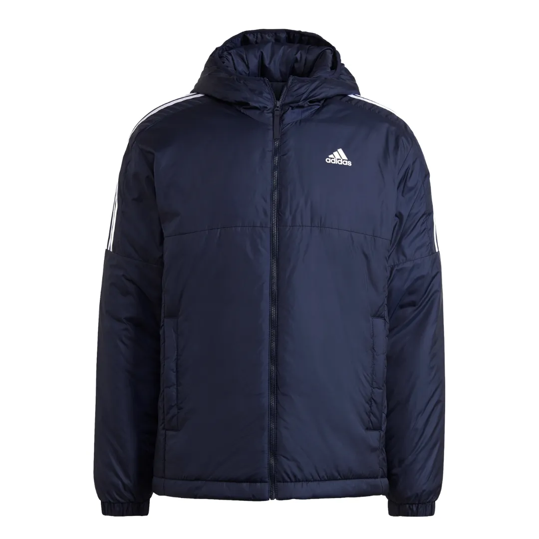 Navy blue hooded Adidas jacket with a front zipper, elastic cuffs, and iconic white three-stripe design on the shoulders.