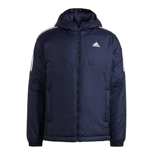 Navy blue hooded Adidas jacket with a front zipper, elastic cuffs, and iconic white three-stripe design on the shoulders.