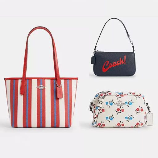 Three handbags: a striped tote, a small navy crossbody with red 'Coach' logo, and a white floral-print clutch.