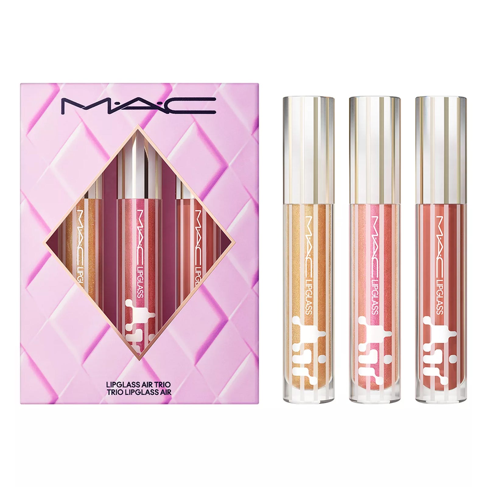 MAC Lipglass Air Trio featuring three lip glosses in gold, pink, and coral shades, packaged in a pink box with a geometric design.