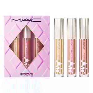 MAC Lipglass Air Trio featuring three lip glosses in gold, pink, and coral shades, packaged in a pink box with a geometric design.