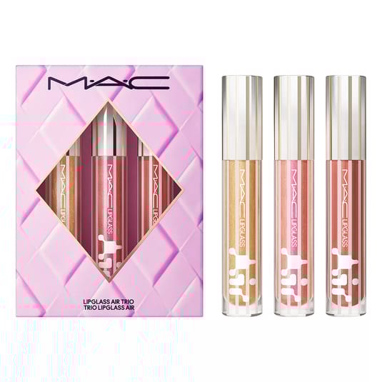 MAC Lipglass Air Trio featuring three lip glosses in gold, pink, and coral shades, packaged in a pink box with a geometric design.