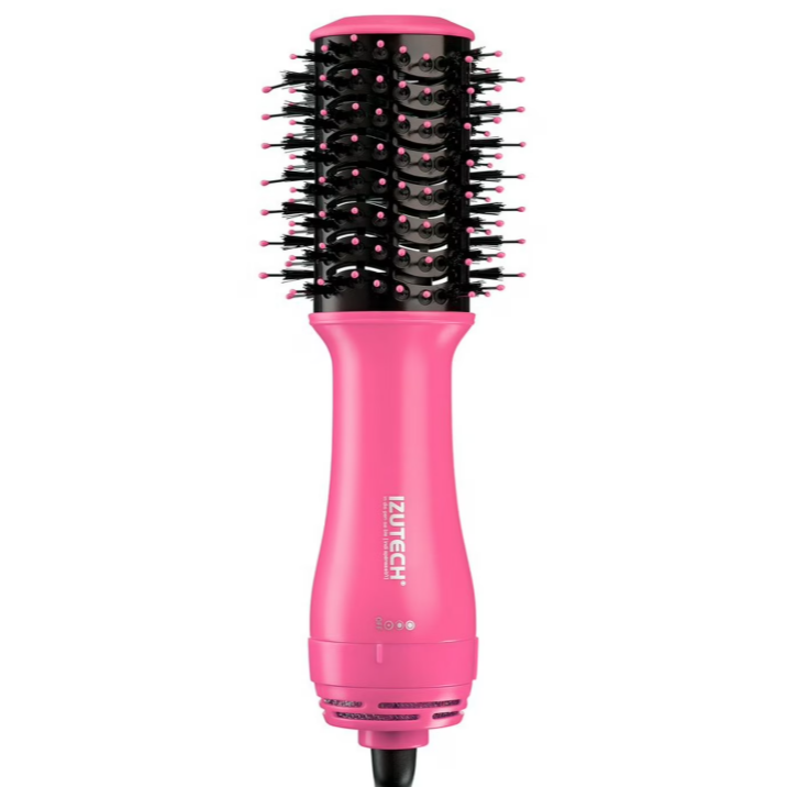 A pink IZUTECH hair styling tool with a round brush design, featuring bristles and settings for styling and drying hair.