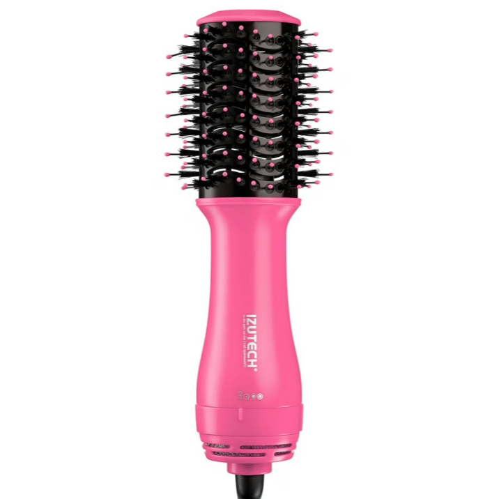 A pink IZUTECH hair styling tool with a round brush design, featuring bristles and settings for styling and drying hair.