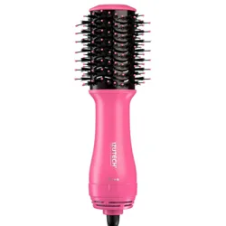 A pink IZUTECH hair styling tool with a round brush design, featuring bristles and settings for styling and drying hair.