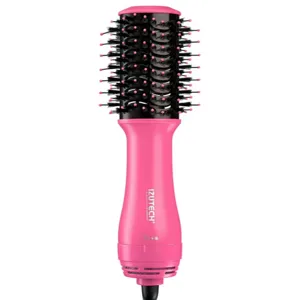 A pink IZUTECH hair styling tool with a round brush design, featuring bristles and settings for styling and drying hair.