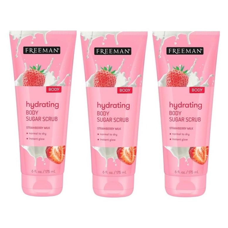 3-pack of Freeman Hydrating Body Sugar Scrub, Strawberry Milk scent, for normal to dry skin, providing instant glow; each tube is 6 fl. oz. (175 mL).