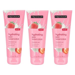 3-pack of Freeman Hydrating Body Sugar Scrub, Strawberry Milk scent, for normal to dry skin, providing instant glow; each tube is 6 fl. oz. (175 mL).