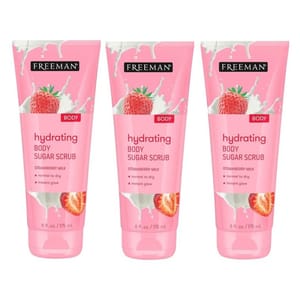 3-pack of Freeman Hydrating Body Sugar Scrub, Strawberry Milk scent, for normal to dry skin, providing instant glow; each tube is 6 fl. oz. (175 mL).