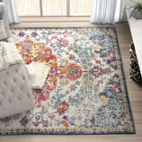 Colorful area rug with a vibrant, intricate floral pattern in orange, pink, blue, and yellow tones, placed in a living room setting with a gray tufted sofa and a chunky knit blanket.