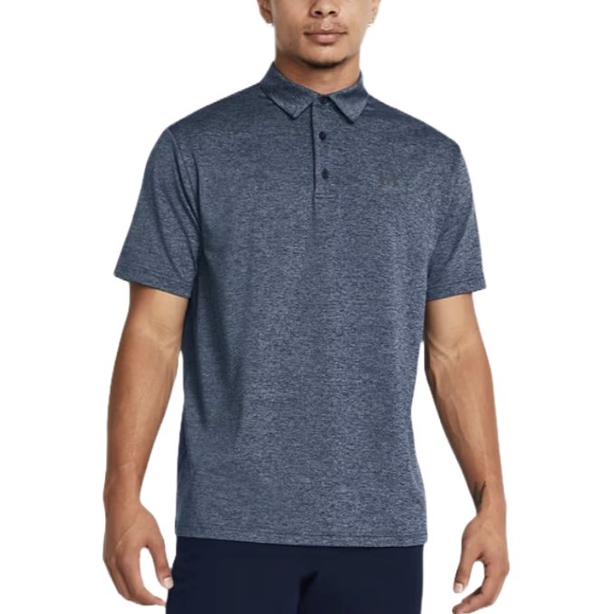 Men's short-sleeve polo shirt, dark heather blue, with a classic collar and three-button placket, made by Under Armour.