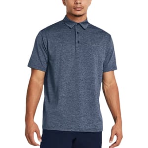 Men's short-sleeve polo shirt, dark heather blue, with a classic collar and three-button placket, made by Under Armour.